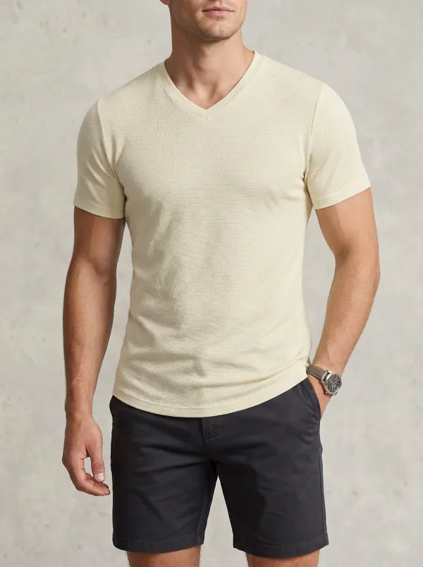 Casual Textured Curved Hem V-Neck Clean Look Men's Slim Fit Short Sleeve T-Shirt