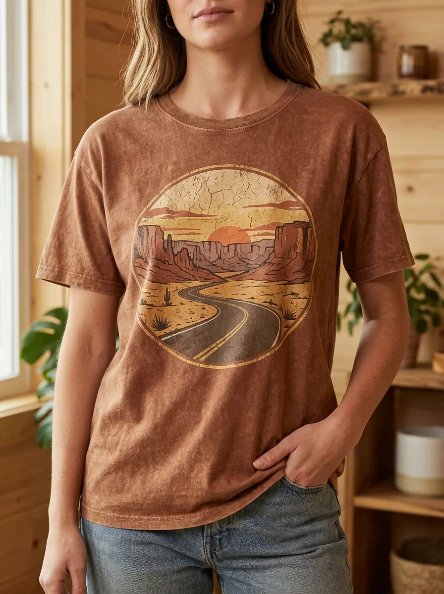 Women's Western Desert Road Sunset Printed T-shirt