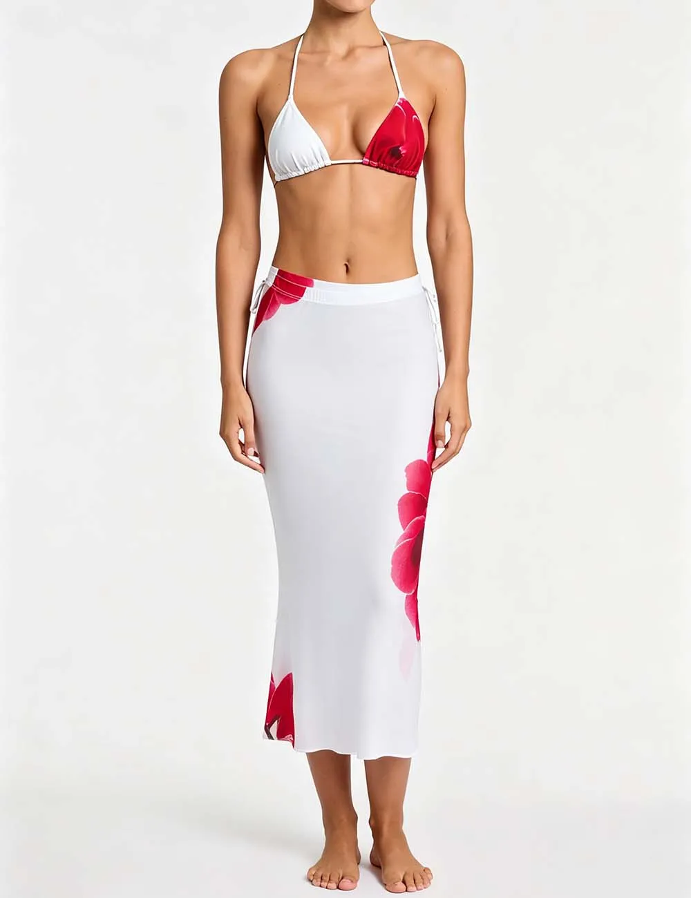 Three Piece Swimsuit Halter Triangle Bikini Set with Skirt