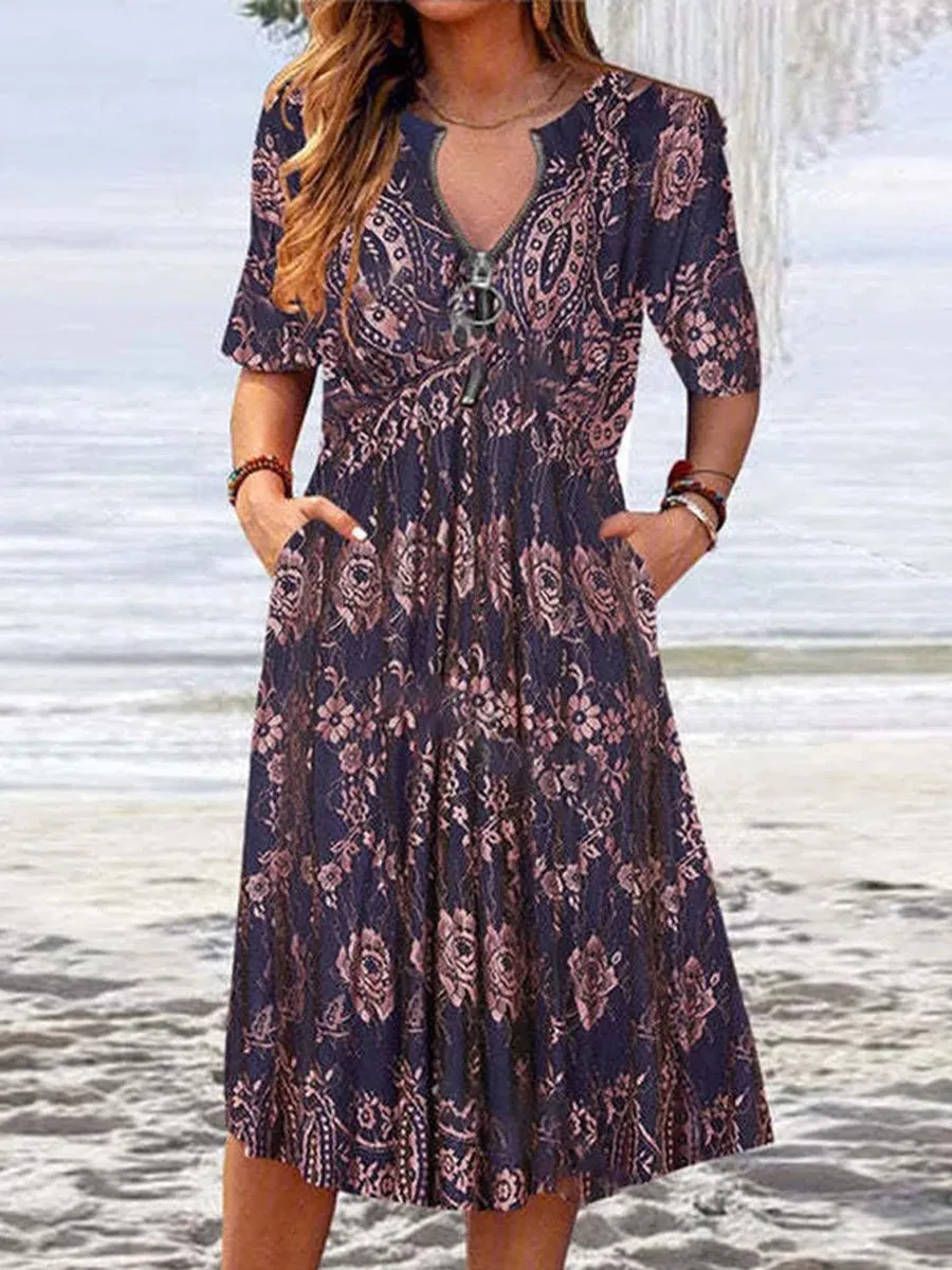 Round Neck Zip Casual Loose Floral Print Short Sleeve Midi Dress