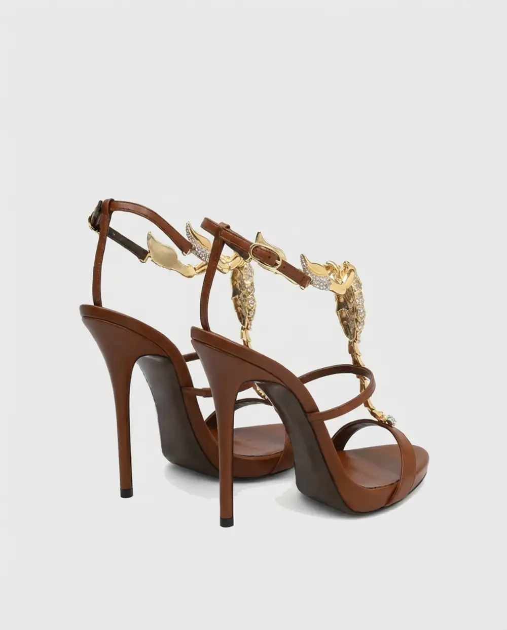 Rhinestone Scorpion Strap Sandals in Brown
