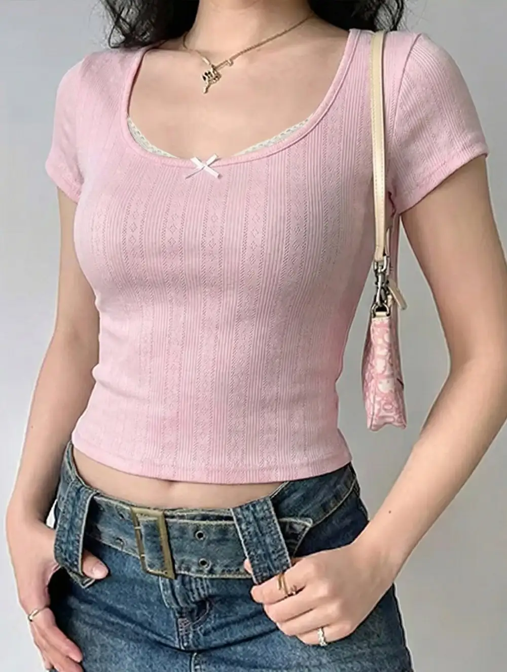 Lace Patch U Neck Crop Tee
