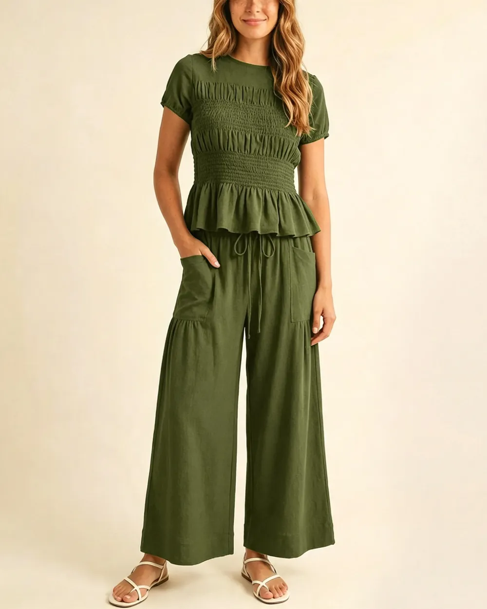 Women's 2-Piece Smocked Top and Wide-Leg Pants Set