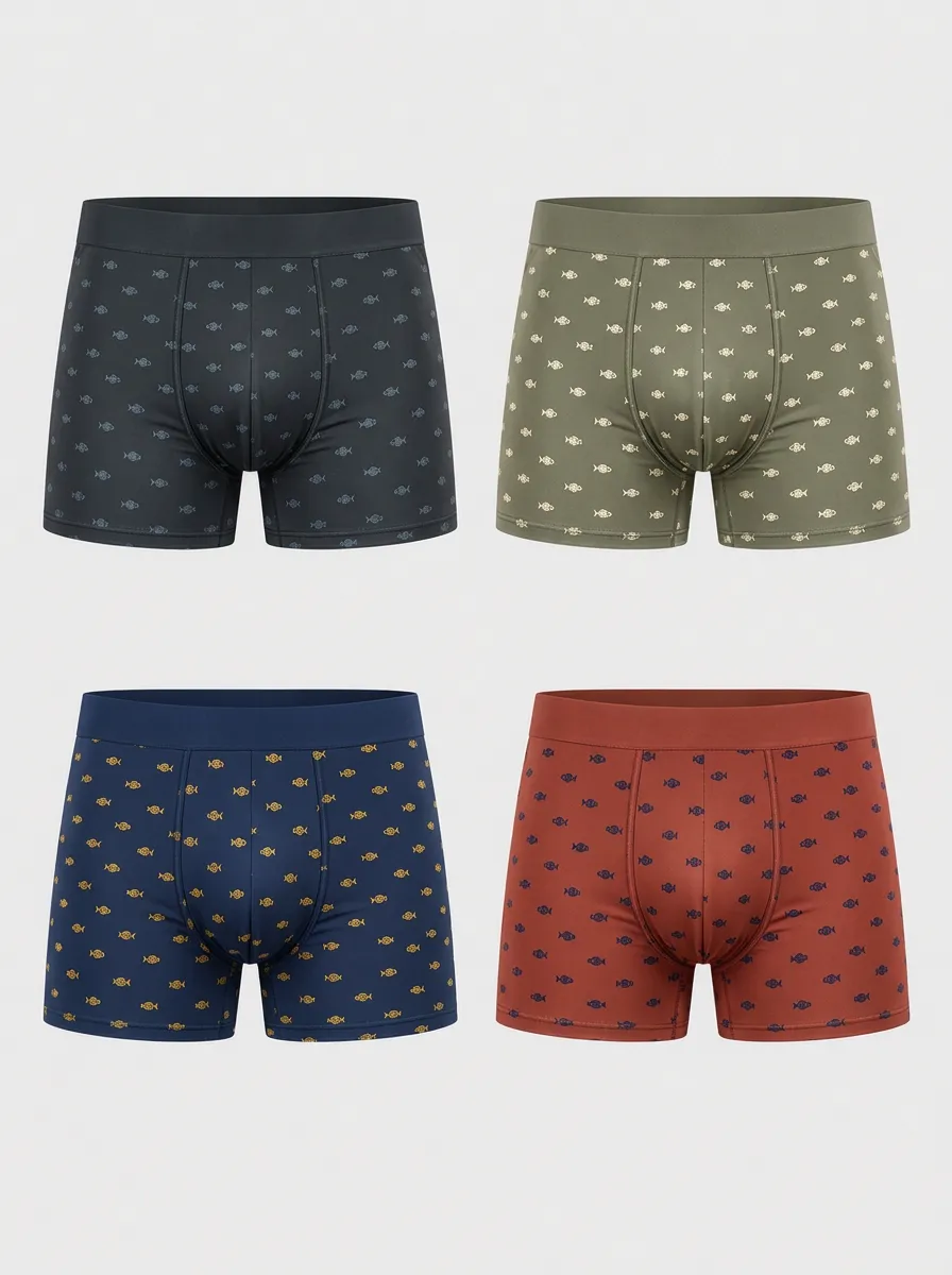 Men's Multicolor Fish Patterned Boxer Briefs 4-Pack
