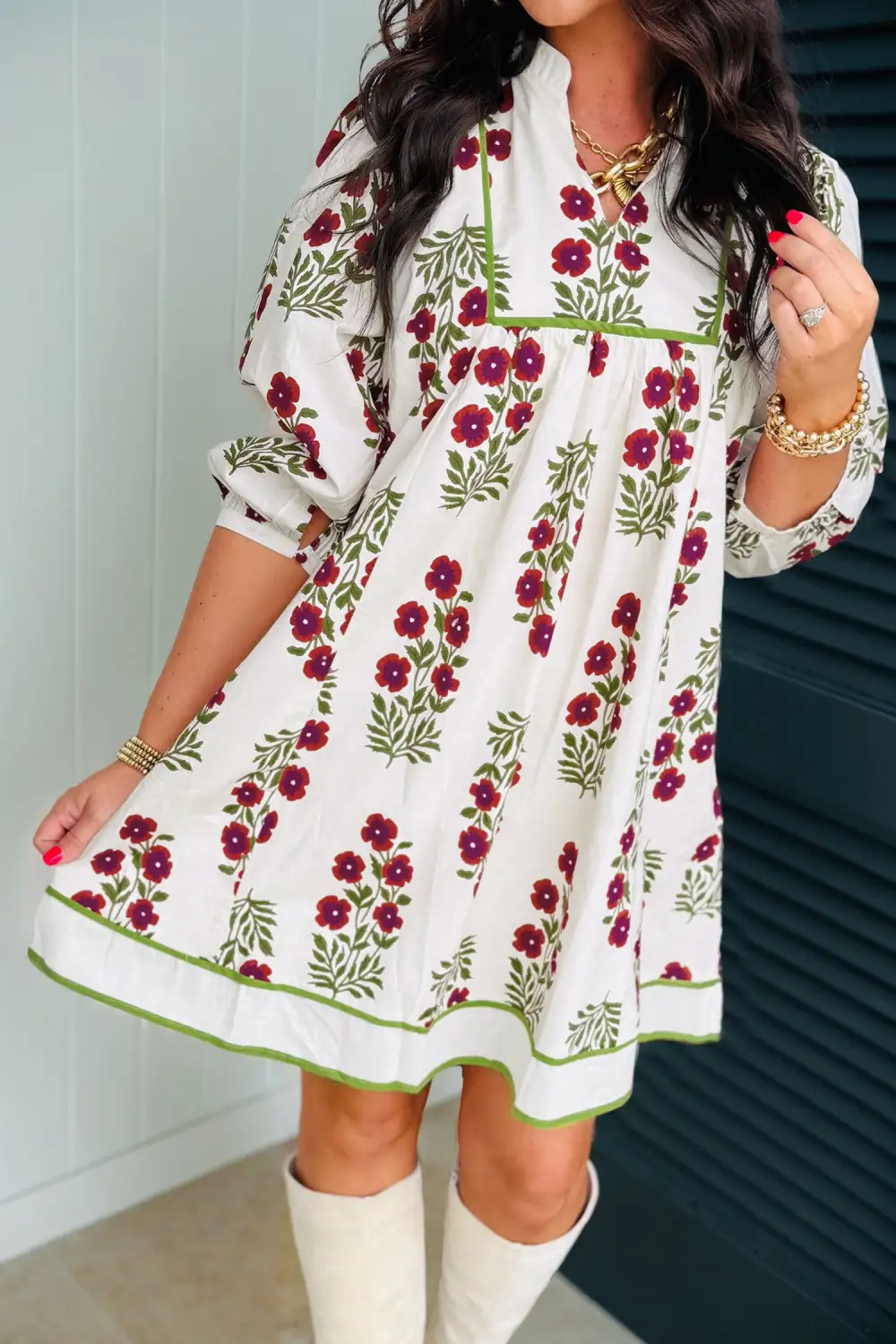 Frilled V Neck Sleeve Loose Dress