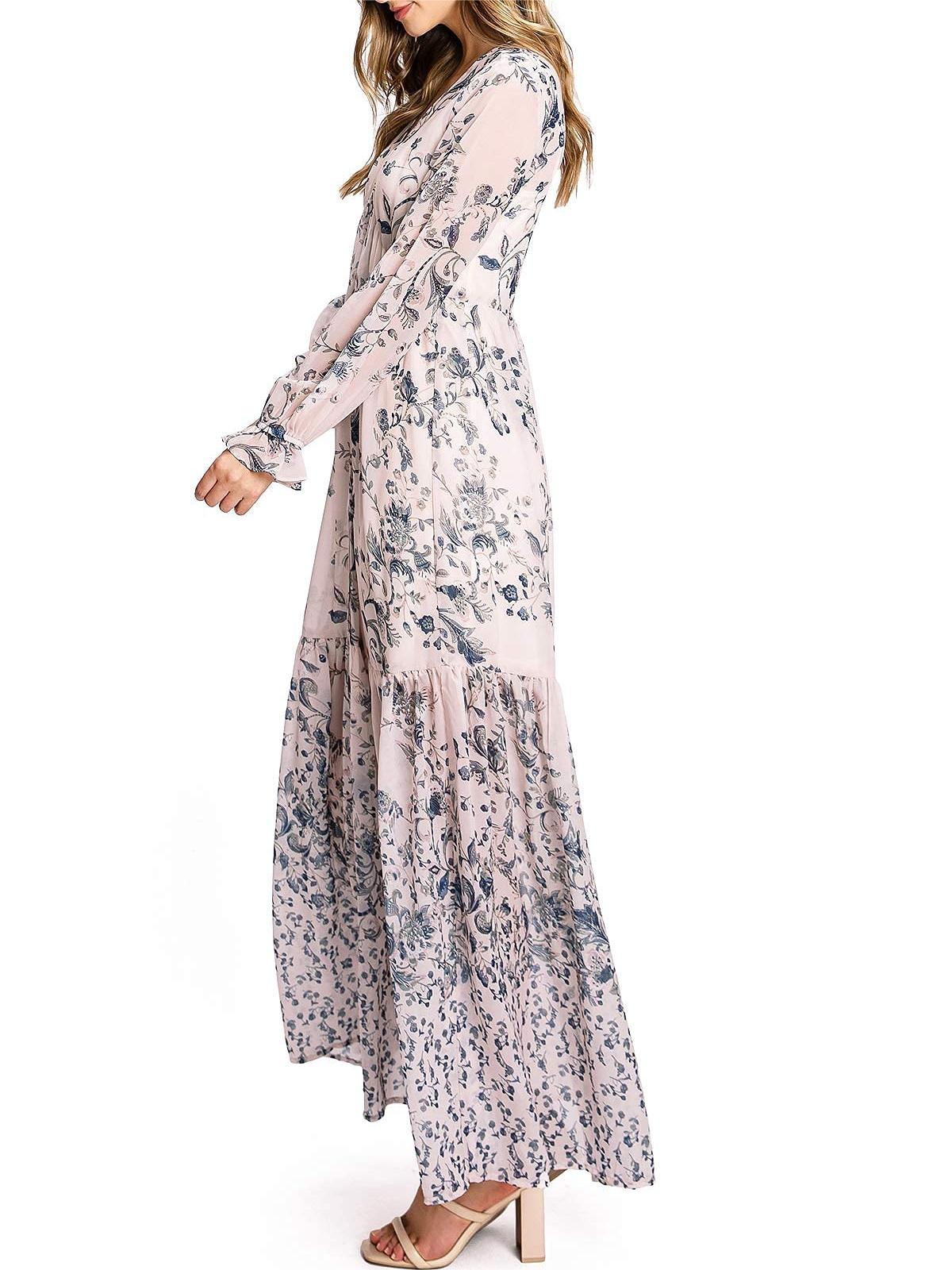 Light Pink Floral Print Long - Sleeve Maxi Dress