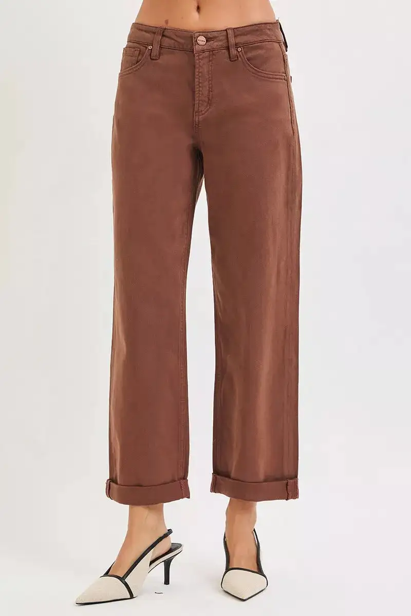 Modern Mid Rise Cuffed Hem Wide Leg Jeans