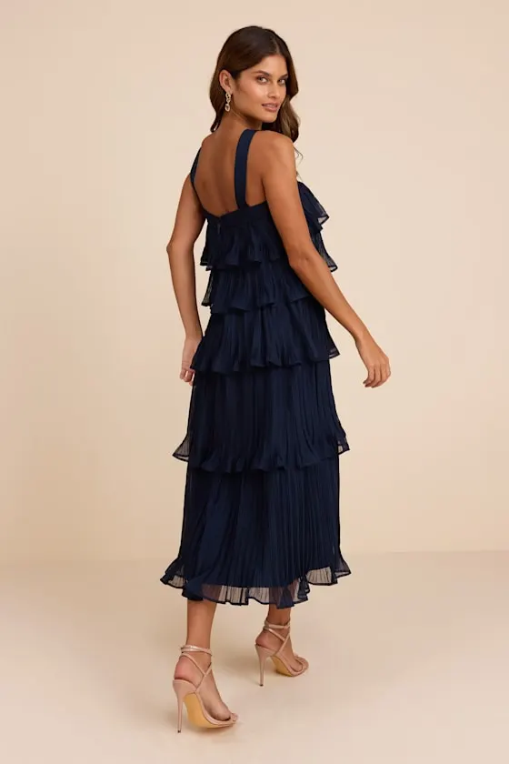 Lauretta Navy Plisse Tiered Midi Dress