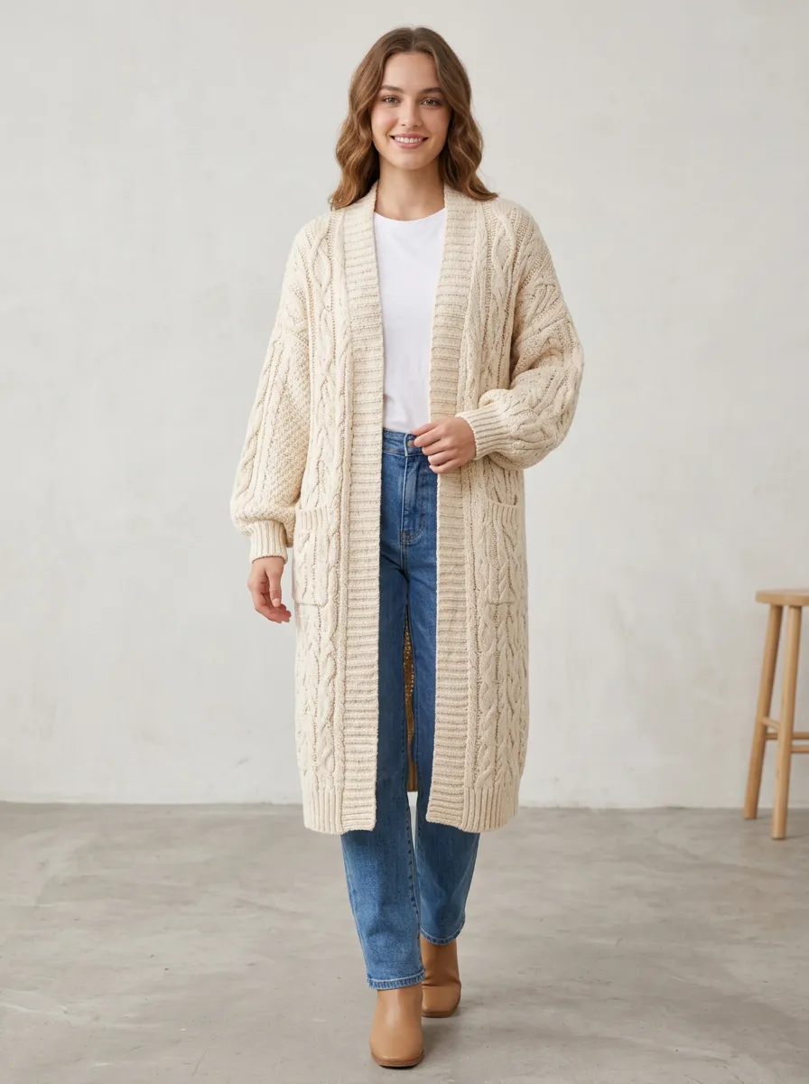 Women's Cable-Knit Longline Cardigan Oversized