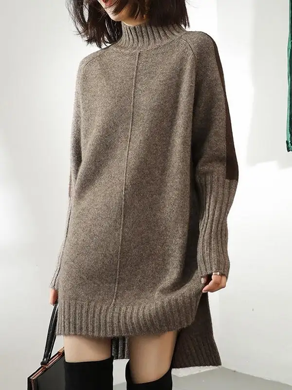 Relaxed Long Sleeve Contrast Color Half Turtleneck Sweater Dress
