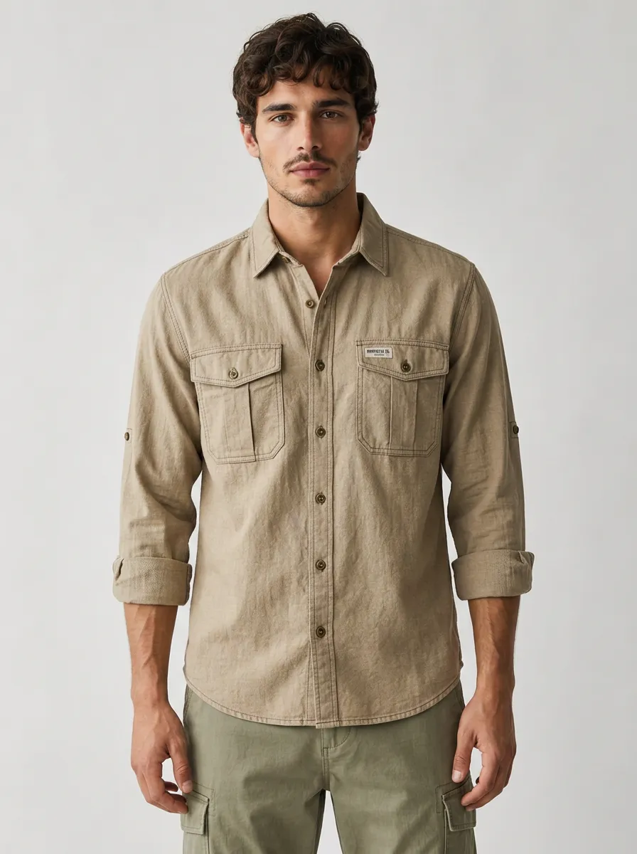 Men's Casual Outdoor Khaki Linen Blend Button-Down Shirt