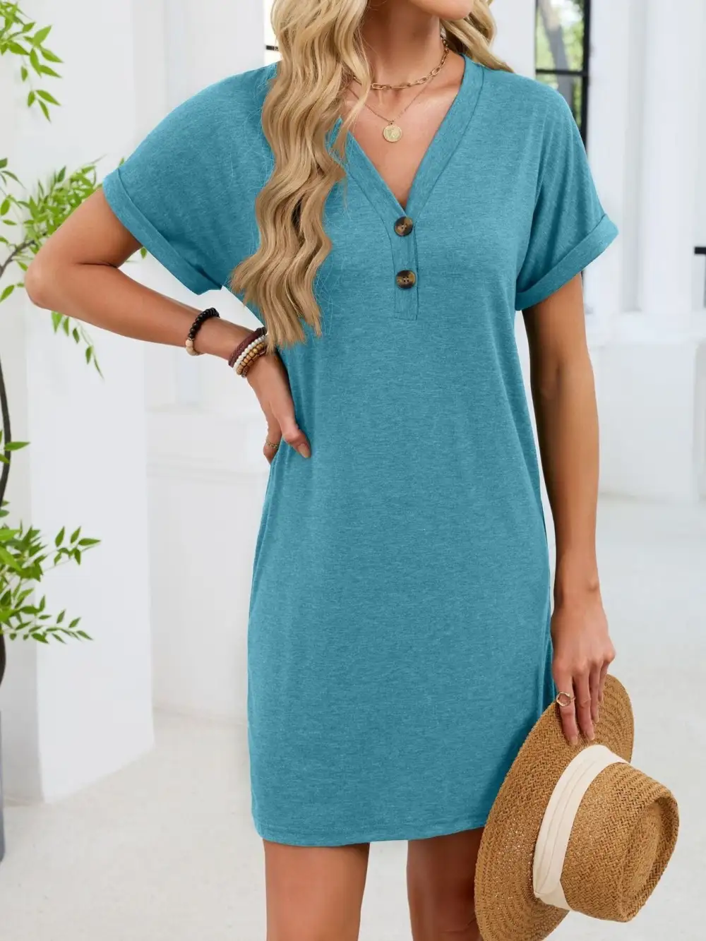 V Neck Short Sleeve Shirt Dress