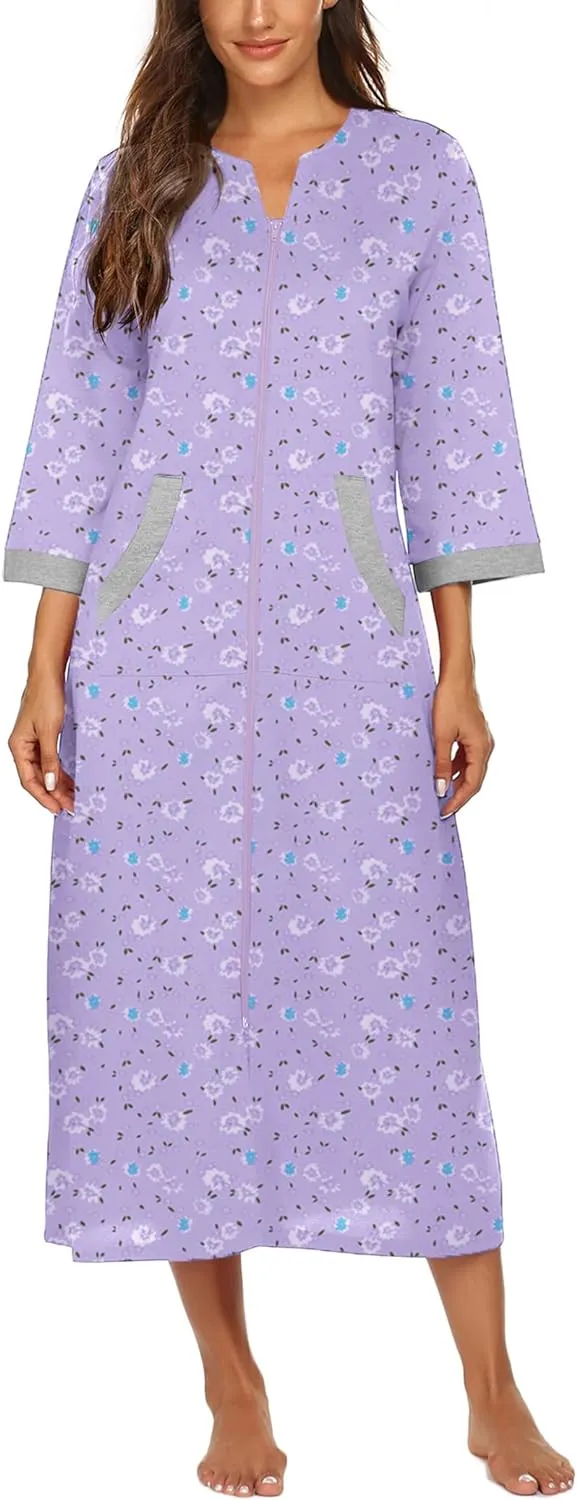 50% OFF Women Zipper Robe 3/4 Sleeves Loungewear Dress Full Length Sleepwear Pockets Housecoat Nightgown Long Bathrobe