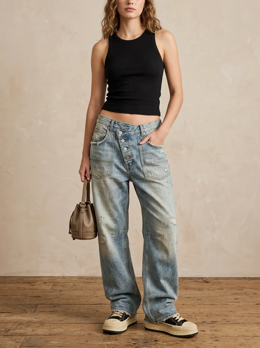Women's Vintage Distressed Asymmetric Button Fly Denim Jeans