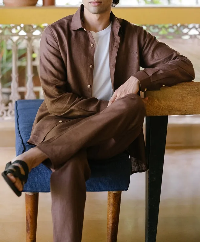 Brown Linen Button-Up Shirt
