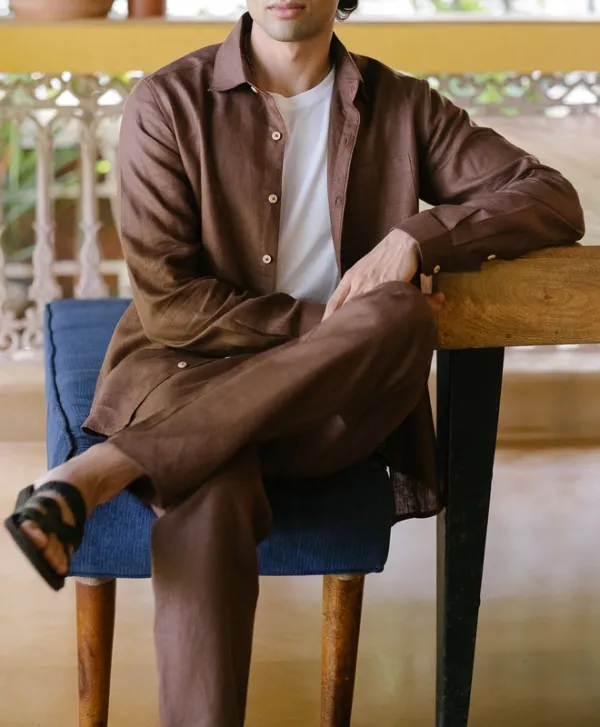 Brown Linen Button-Up Shirt