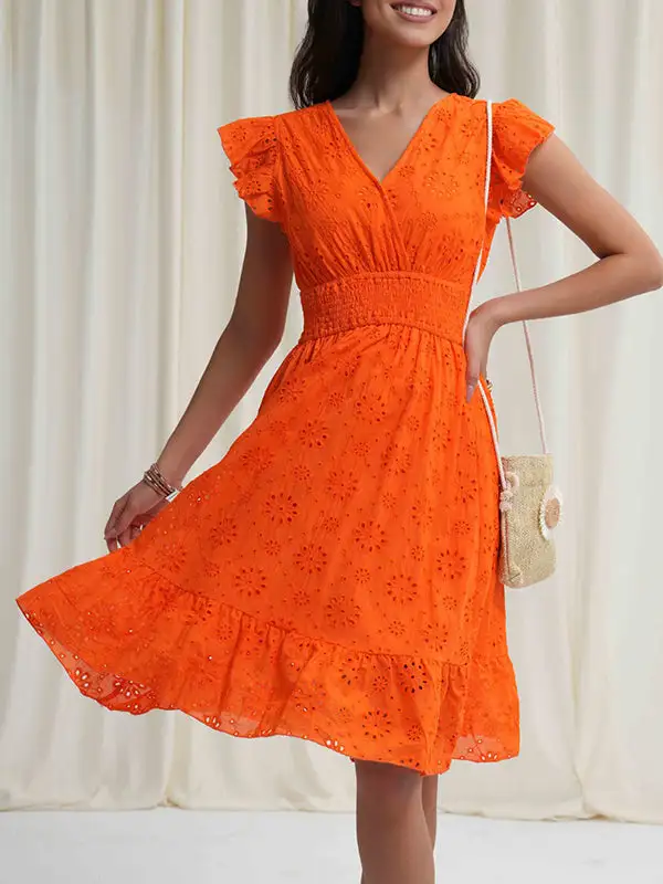 A Line Relaxed Elasticity Hollow Pleated Solid Color V Neck Mini
