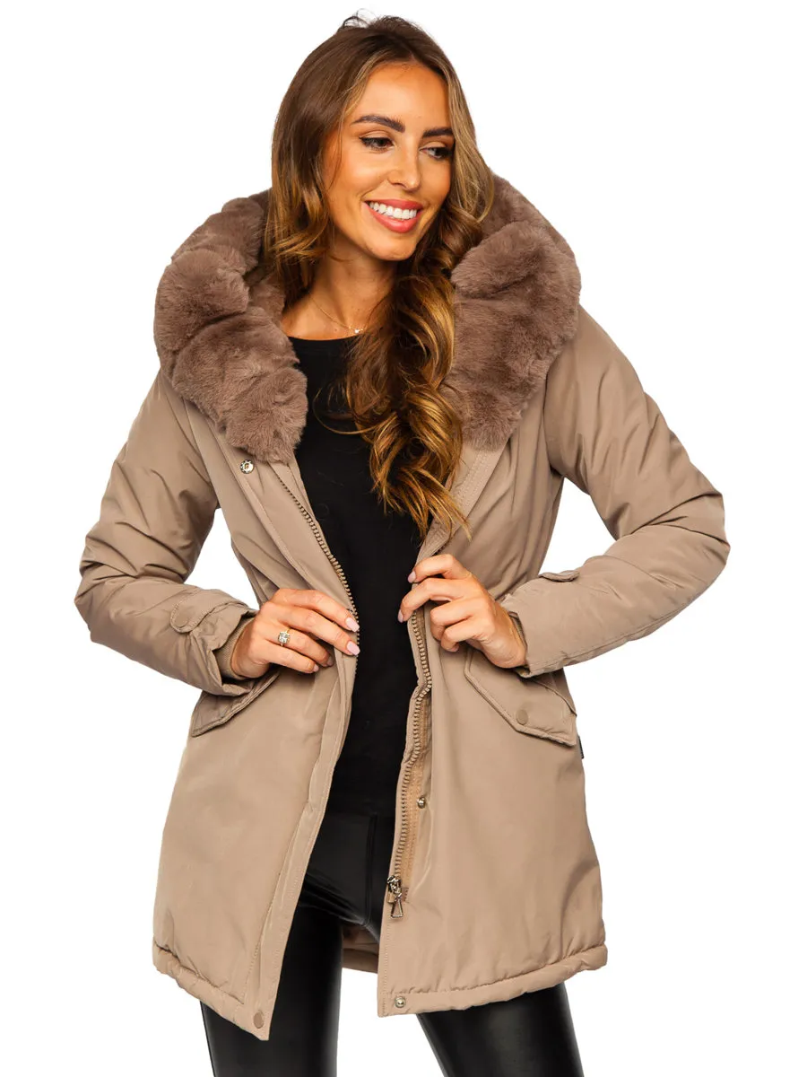 Beige women's winter parka jacket with hood