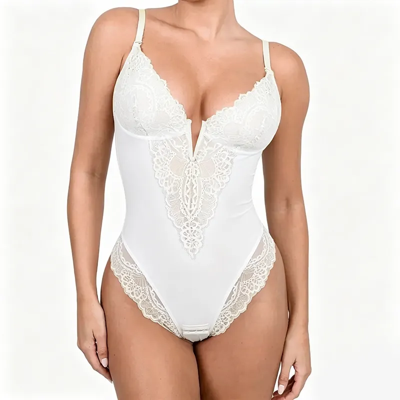 Womens Deep V Lace Bodysuit Built-in Shapewear Breathable Shaping Tops