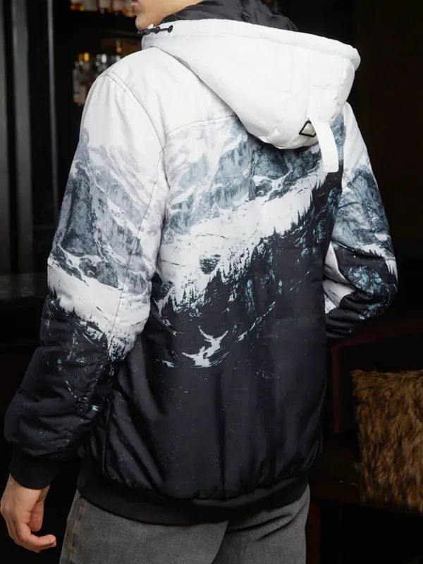 Mountain Print Hooded Puffer Jacket