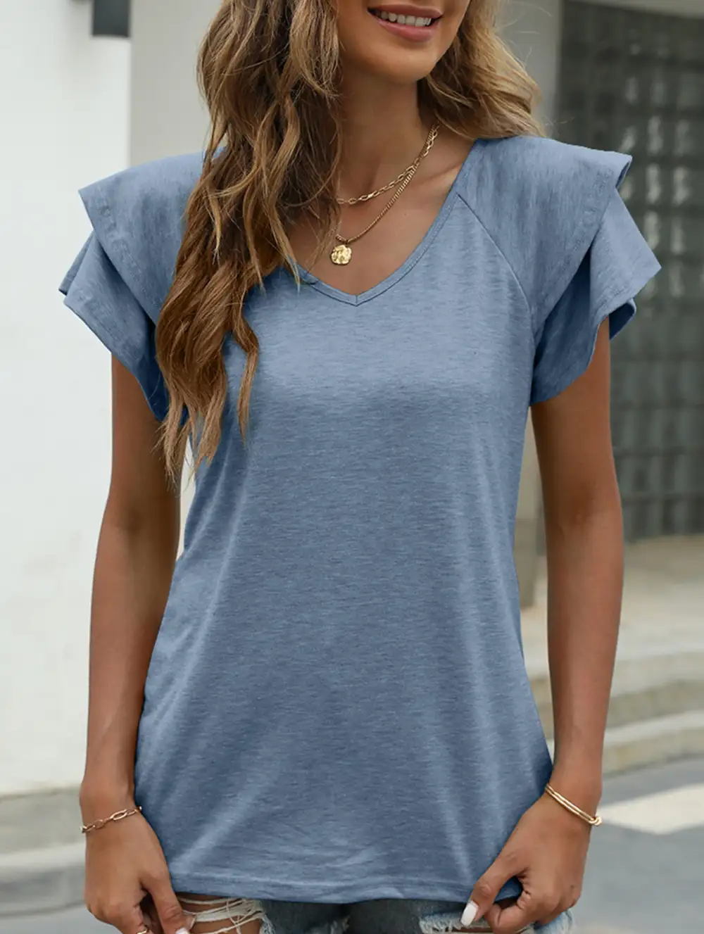 Solid Color V-Neck Ruffle Sleeve T-Shirt