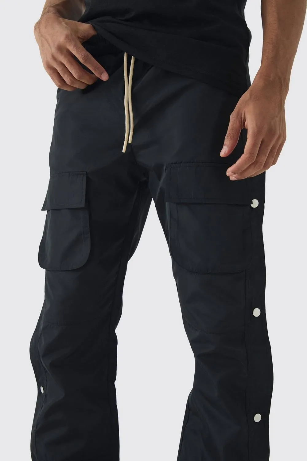 Black Elasticated Waist Slim Flare Stacked Cargo Pants Daily