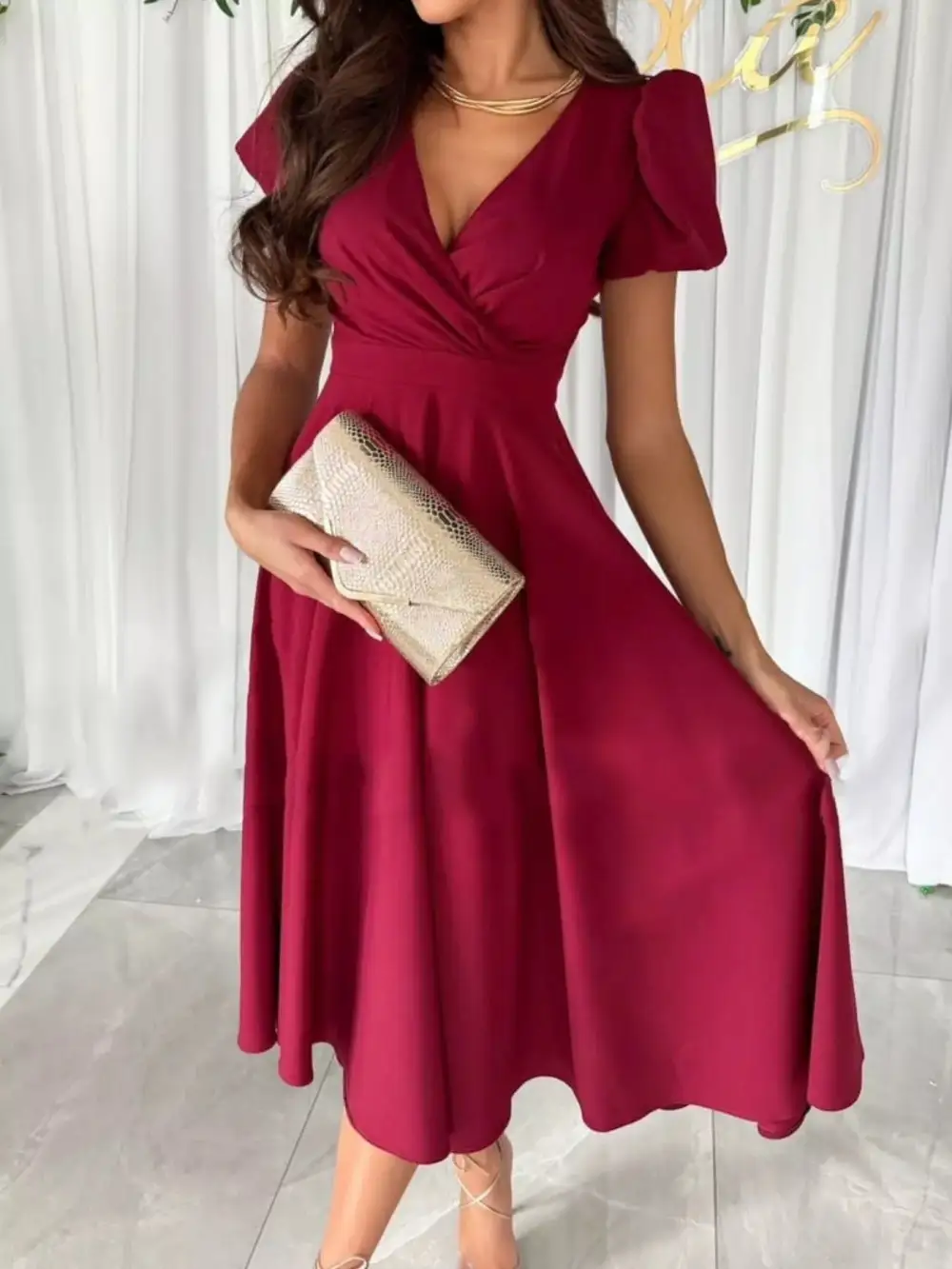 Surplice Puff Sleeve Belted Midi Dress