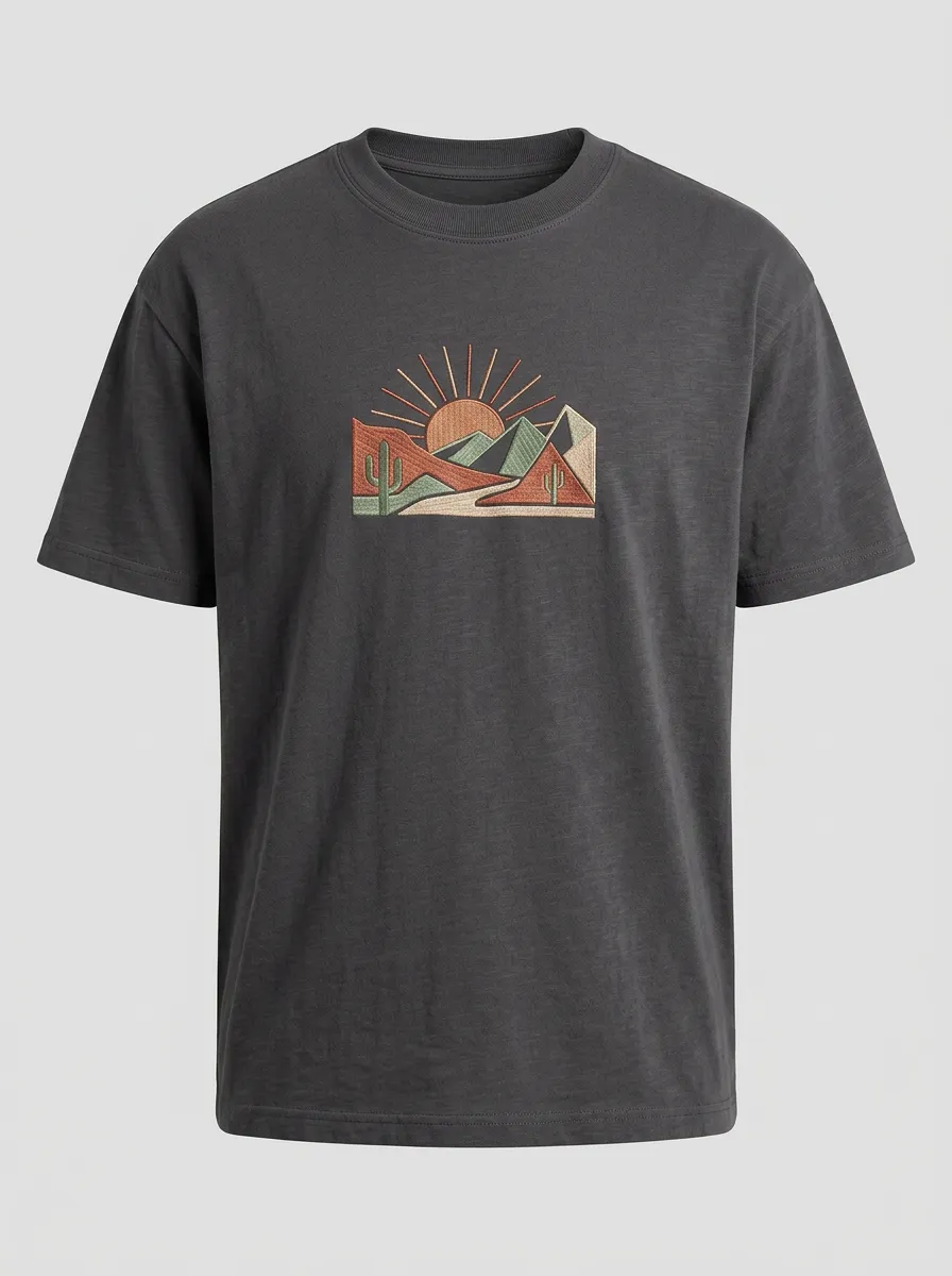 Unisex Desert Nature Lover Cactus Mountain Sun Embroidered T-shirt