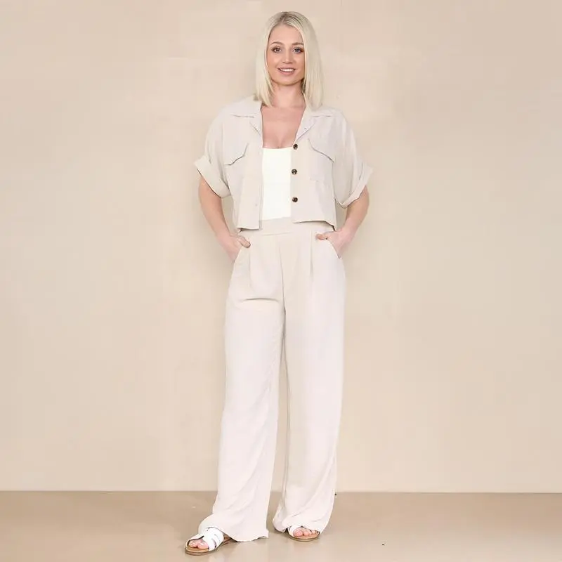 Women's Casual Button Front Flap Pocket Blouse & Wide Leg Trousers Co-ord, Crop Short Sleeve Shirt & High Waist Pants Two-Piece Set