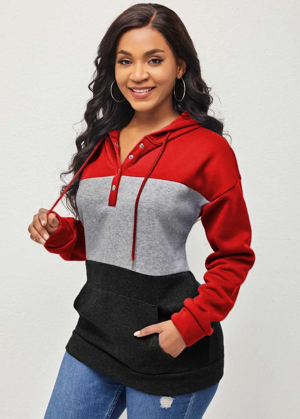 Contrast Kangaroo Pocket Drawstring Red Hoodie