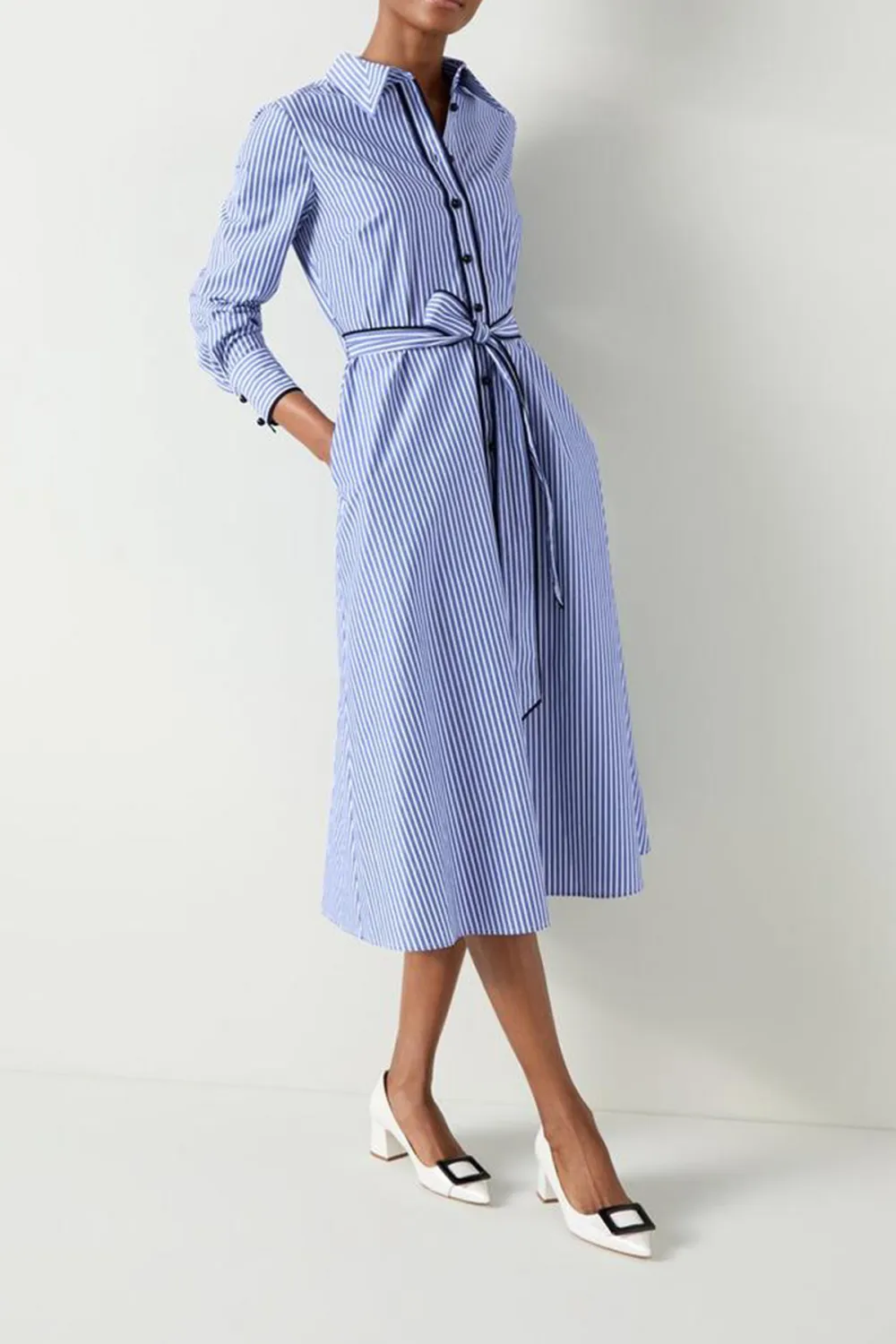 Blue Striped Tie Waist Shirt Dress