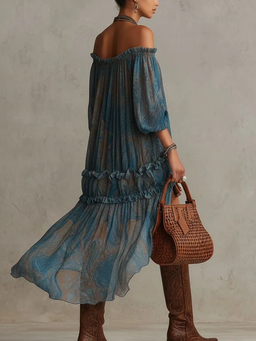 Bohemian Off Shoulder Ruffled Sheer High Midi Dress