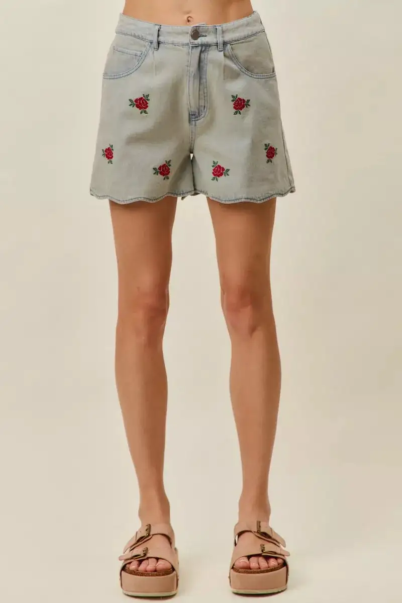 Rose Embroidery High Rise Scallop Hem Denim Shorts
