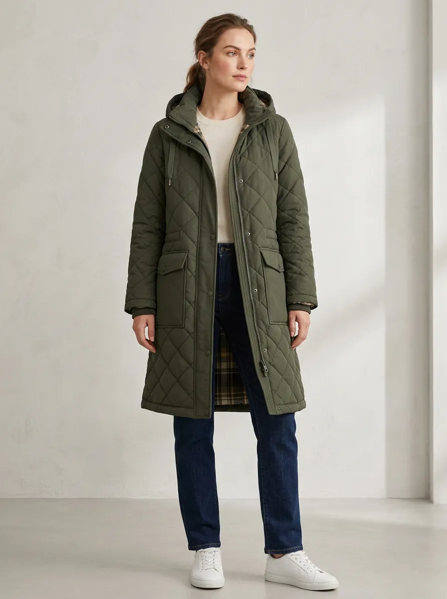 Urban Plaid-Lined Quilted Long Hooded Coat