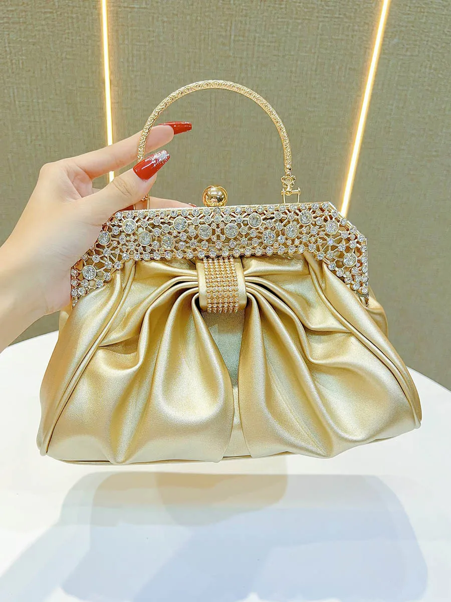 Pleated Chain Rhinestone Panel Clutch Bag