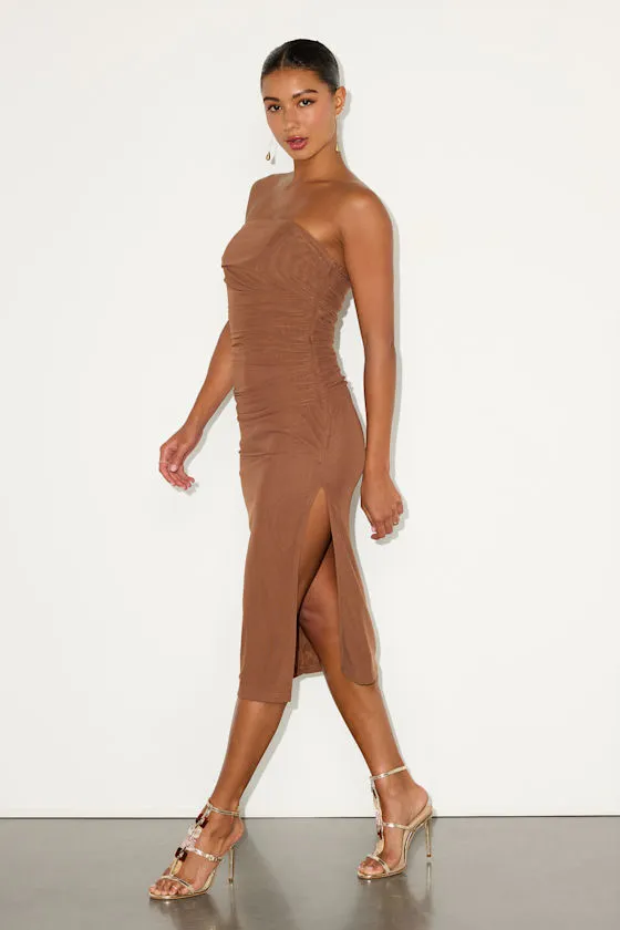 Jayleen Brown Mesh One-Shoulder Midi Dress