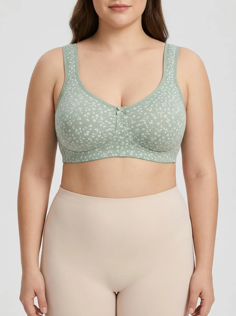 Women's Plus Size Sage Green Floral Full-Coverage Scoop-Neck Wireless Bra
