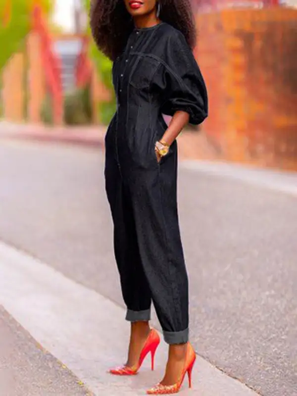Jumpsuits Met Pofmouwen Splitverbinding En Ronde Hals