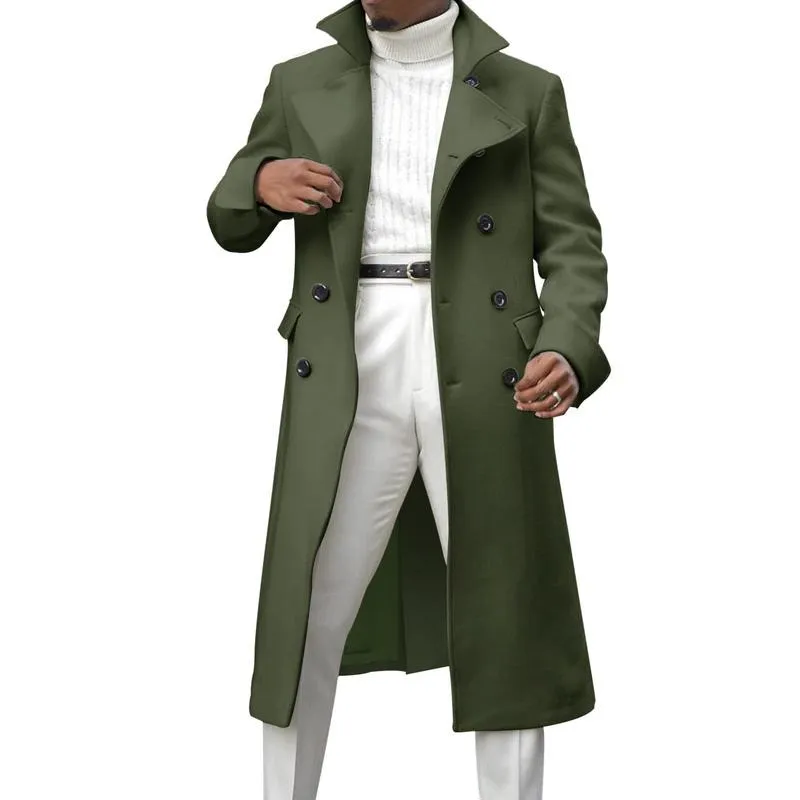 Men's Notch Lapel Double Breasted Long Trench Coat Casual Cotton Blend Peacoat