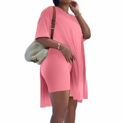 Women Plus Size 2 Piece Outfits Short Sleeve Tunic Tops And Skinny Biker Shorts Sets Tracksuits Womenswear Bodycon Split Hem Lounge