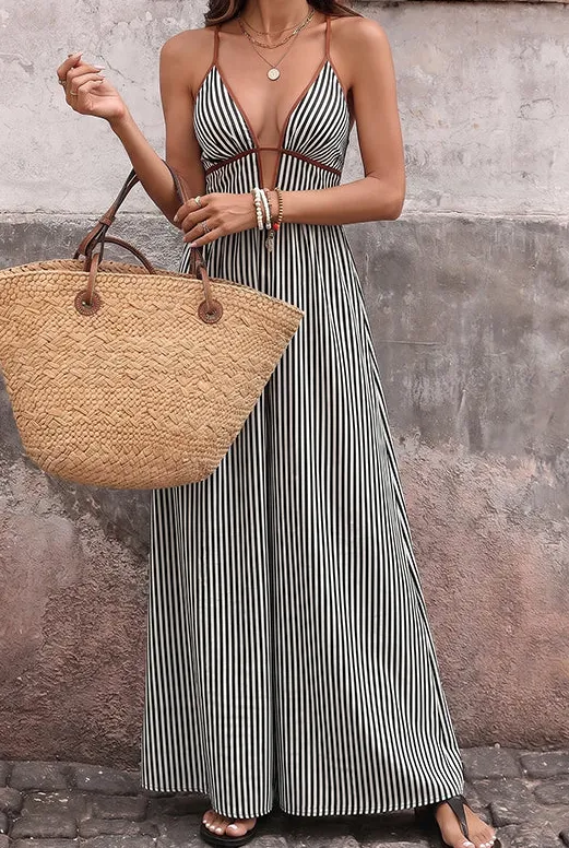 Print Color Block Deep V Neck Dress