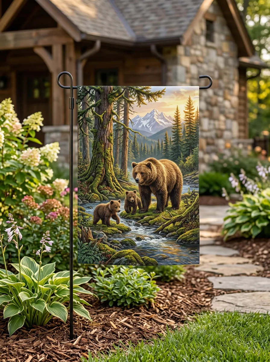 Grizzly Bear & Cubs Wildlife Outdoor Garden Flag