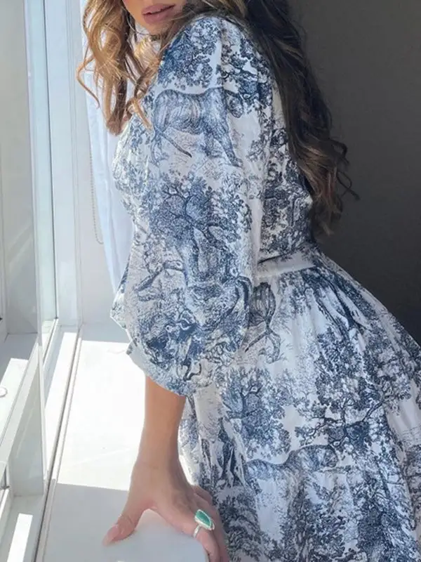 Relaxed Puff Sleeve Pleated Printed Split Joint Tied Waist Lapel Mini