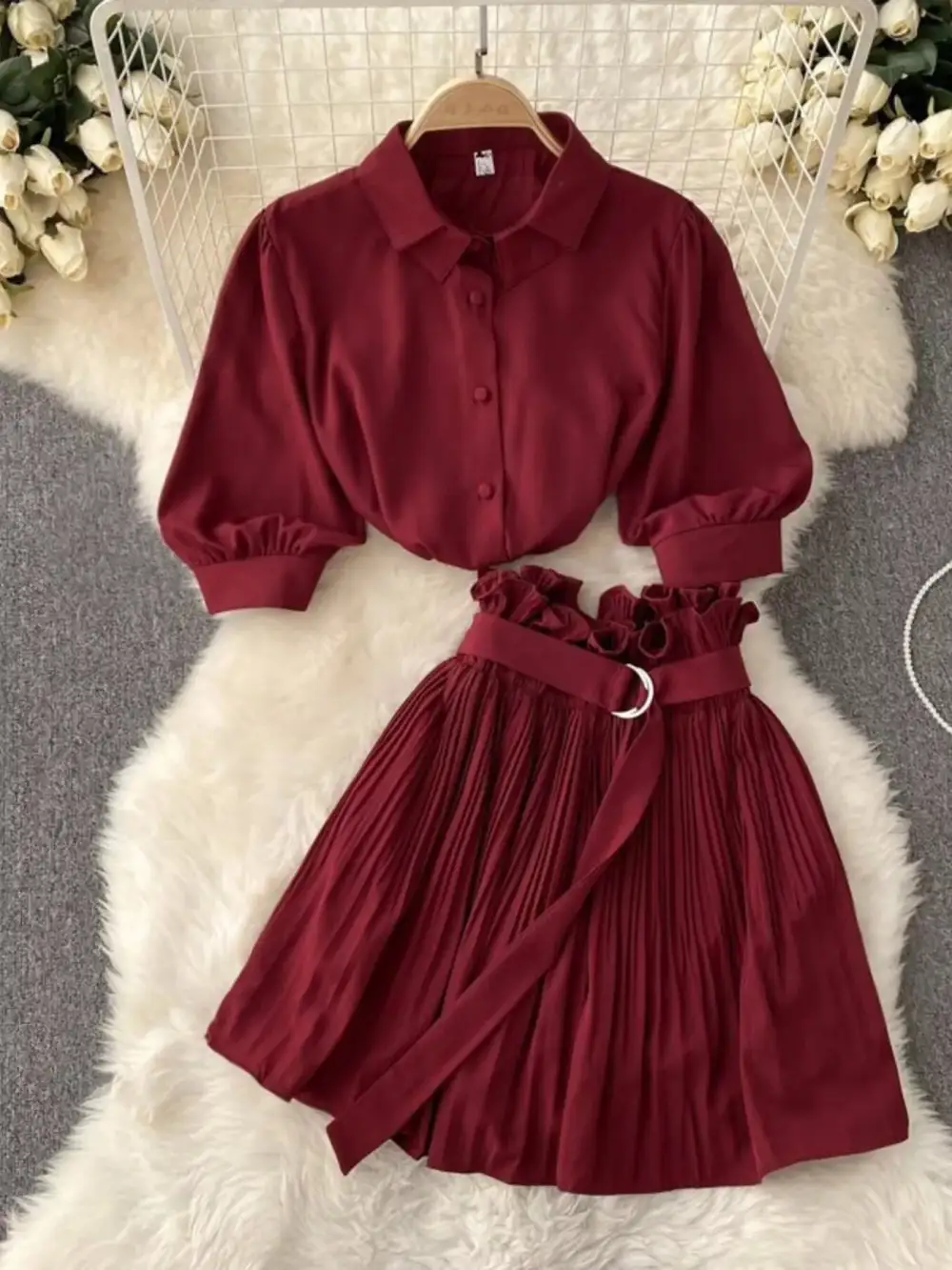 Puff Sleeve Pleated Coordinated Set