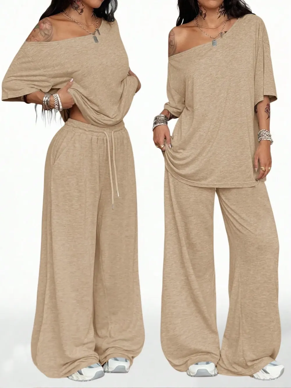 Women’s Casual Two-Piece Set – Wide-Leg Pants & Slant Neck Top