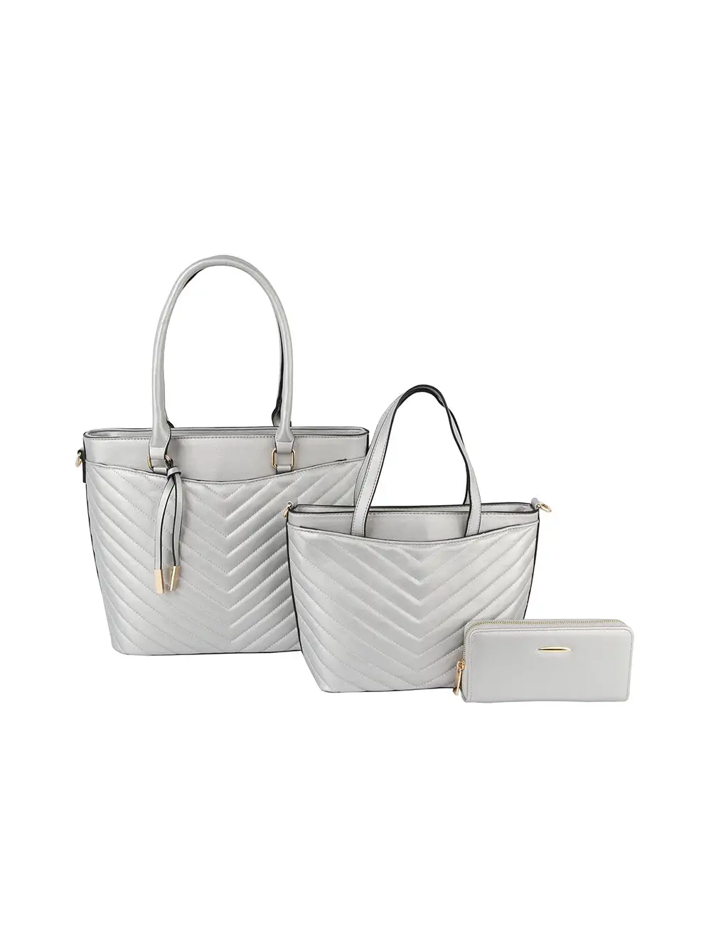 Modern Detail Embossed Pocketed Faux Leather Tote Bag Set