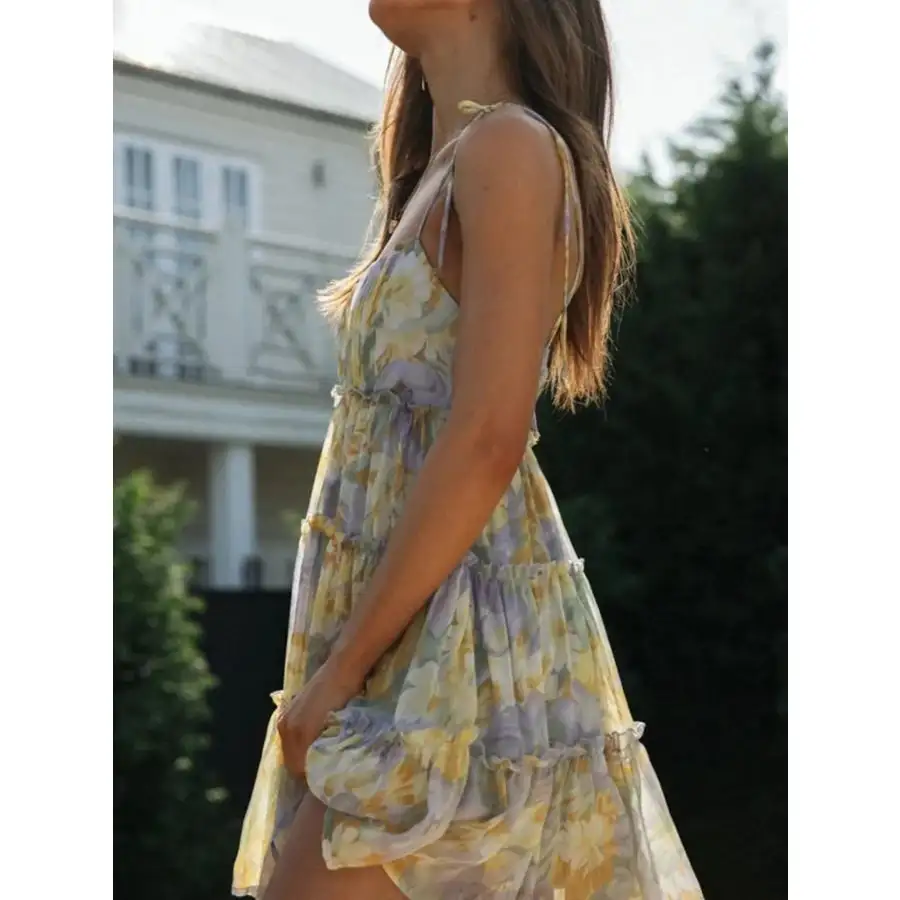 Printed Tie-strap Tiered Mini Dress