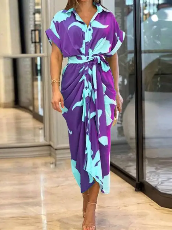 V Neck Pleated Belt Short Sleeve Midi Dress