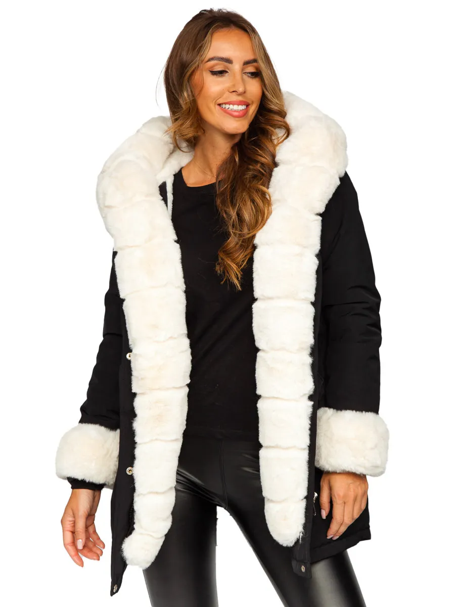 Black women's winter parka jacket with hood