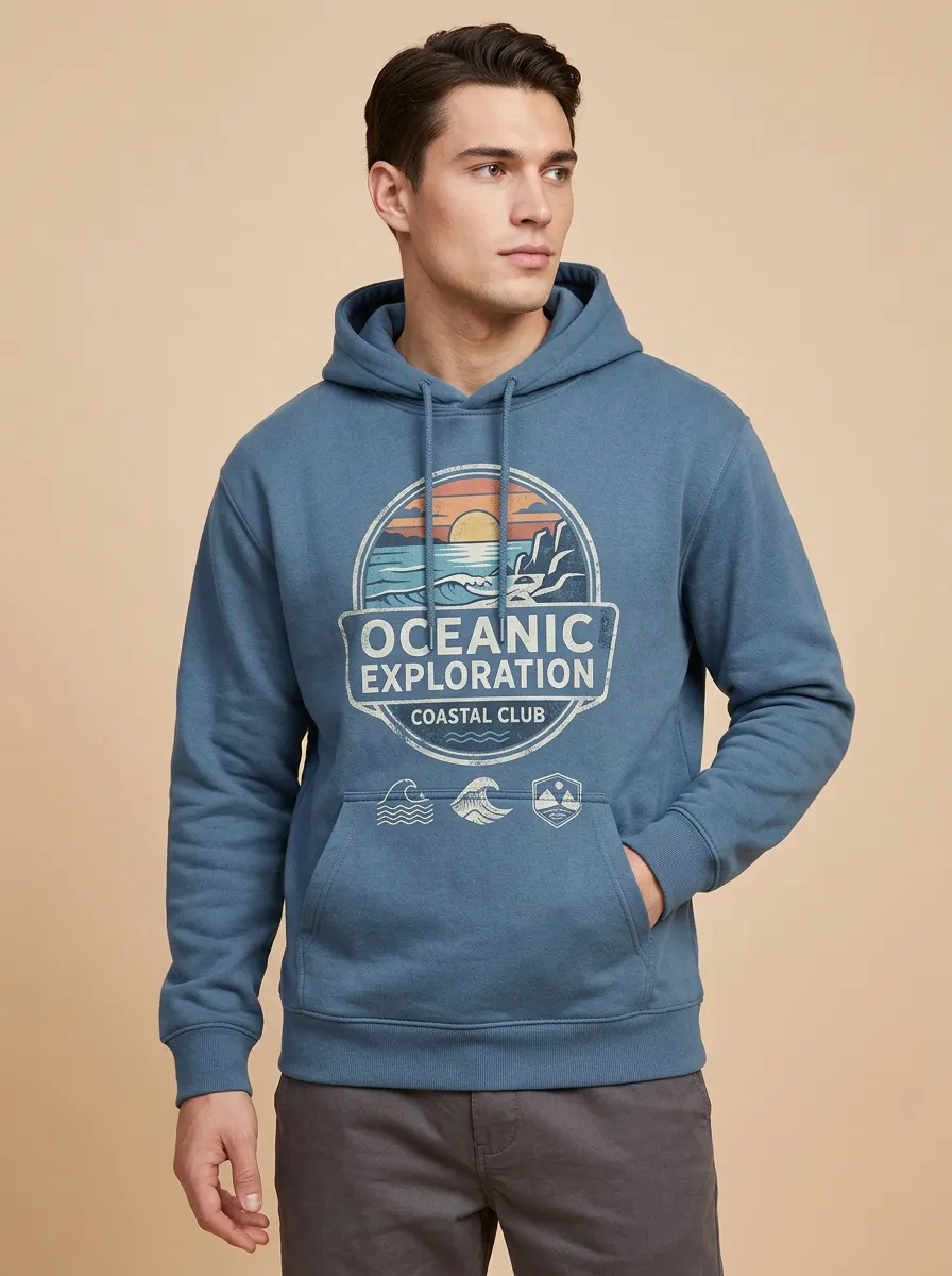 Men's Oceanic Coastal Explorer Sunset Wave Graphic Hoodie